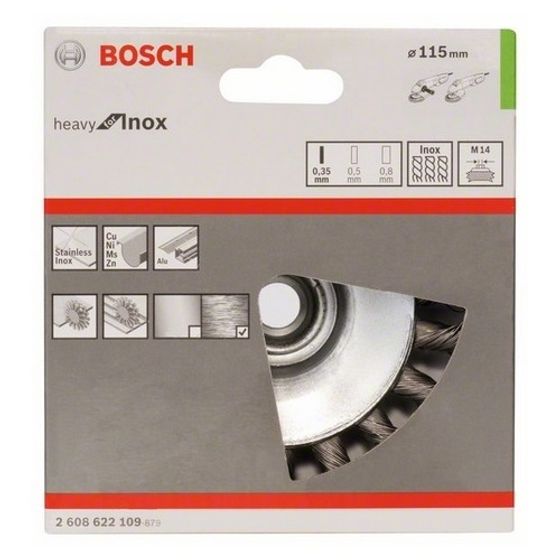 Коническая щетка Bosch М14 0,35х115 мм пучки нержавеющая сталь №2 Коническая щетка Bosch М14 0,35х115 мм пучки нержавеющая сталь №2