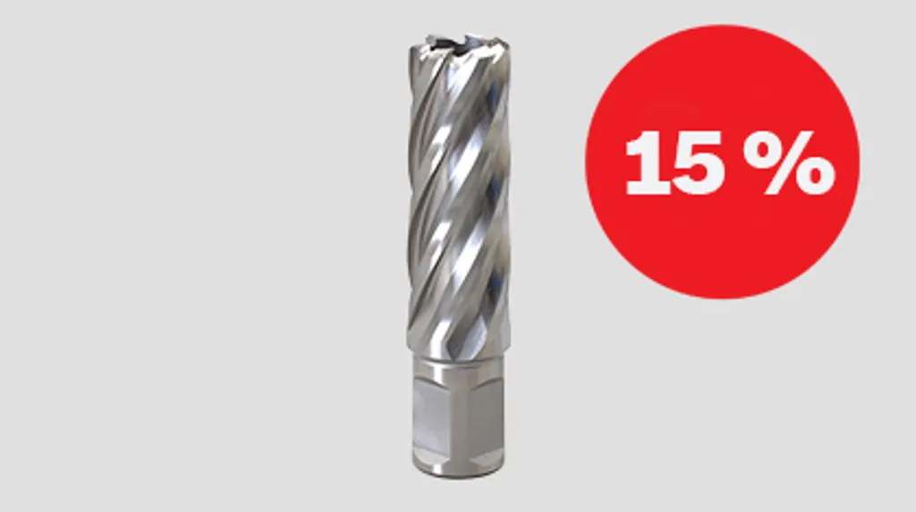 Скидка 15 % на корончатые сверла по металлу HSS длиной 55 мм