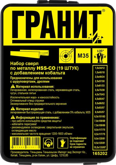 Набор сверл по металлу HSS-Co из 19 штук металлическая упаковка ГРАНИТ №2 Набор сверл по металлу HSS-Co из 19 штук металлическая упаковка ГРАНИТ №2