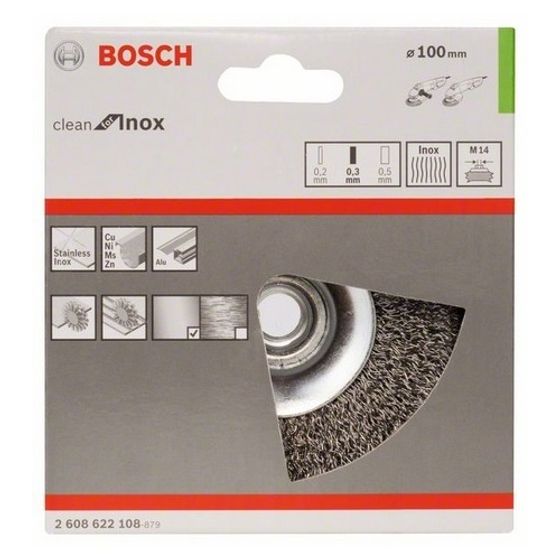 Коническая щетка Bosch М14 0,35х100 мм пучки нержавеющая сталь №2 Коническая щетка Bosch М14 0,35х100 мм пучки нержавеющая сталь №2