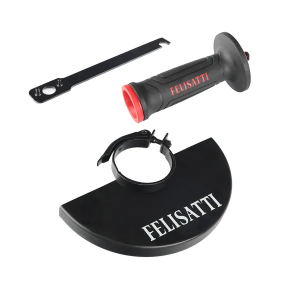 Комплект поставки УШМ Felisatti FT8502: защитный кожух, дополнительная рукоятка и ключ для замены диска