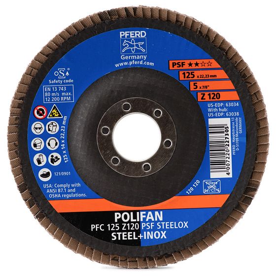 Круг лепестковый торцевой PFERD STEELOX PSF 125x22,23 Z120 конический №2 Круг лепестковый торцевой PFERD STEELOX PSF 125x22,23 Z120 конический №2