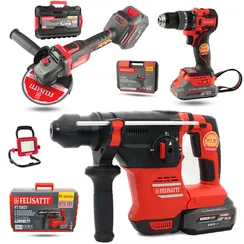 Набор аккумуляторного инструмента FELISATTI 18V (4 в 1): УШМ, шуруповерт, перфоратор, фонарь